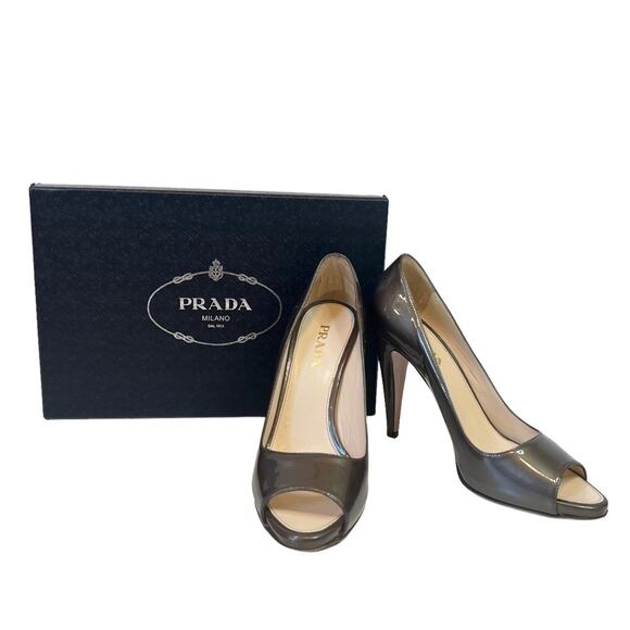 Prada Womens Pantent Leather Napa Silk Sasso Brown Peep Toe Heels With Box 38.5 - Picture 1 of 16